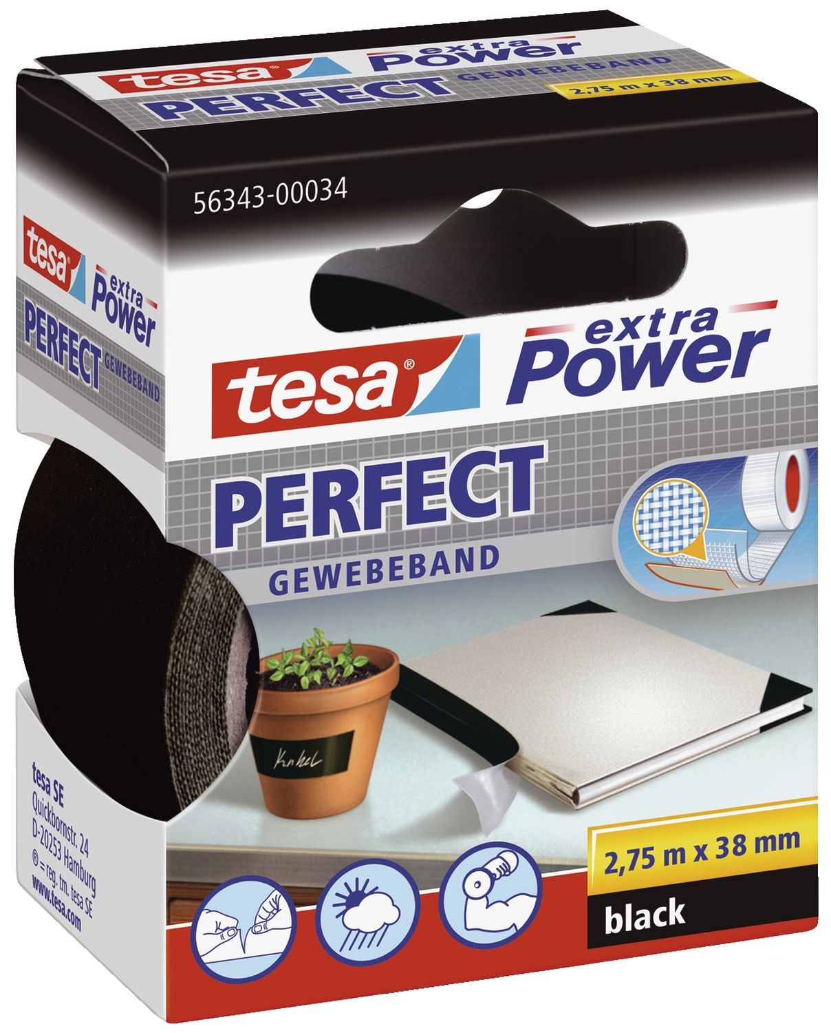 Gewebeklebeband extra Power Perfect - 2,75 m x 38 mm, schwarz