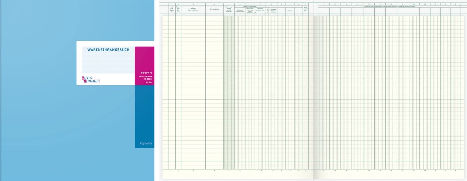 Wareneingangsbuch - 13 Spalten, 27,5 x 33 cm, 44 Blatt, Kopfleiste