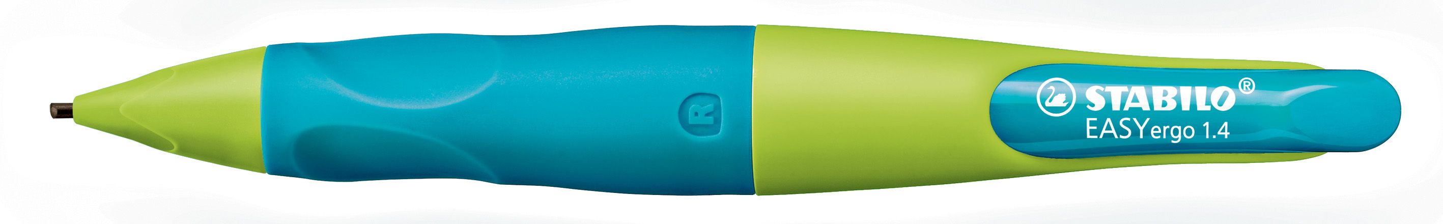 Ergonomischer Druck-Bleistift für Rechtshänder - EASYergo 1.4 in neonlimonengrün/aquamarin - Einzelstift - inklusive 3 dünner Minen - Härtegrad HB