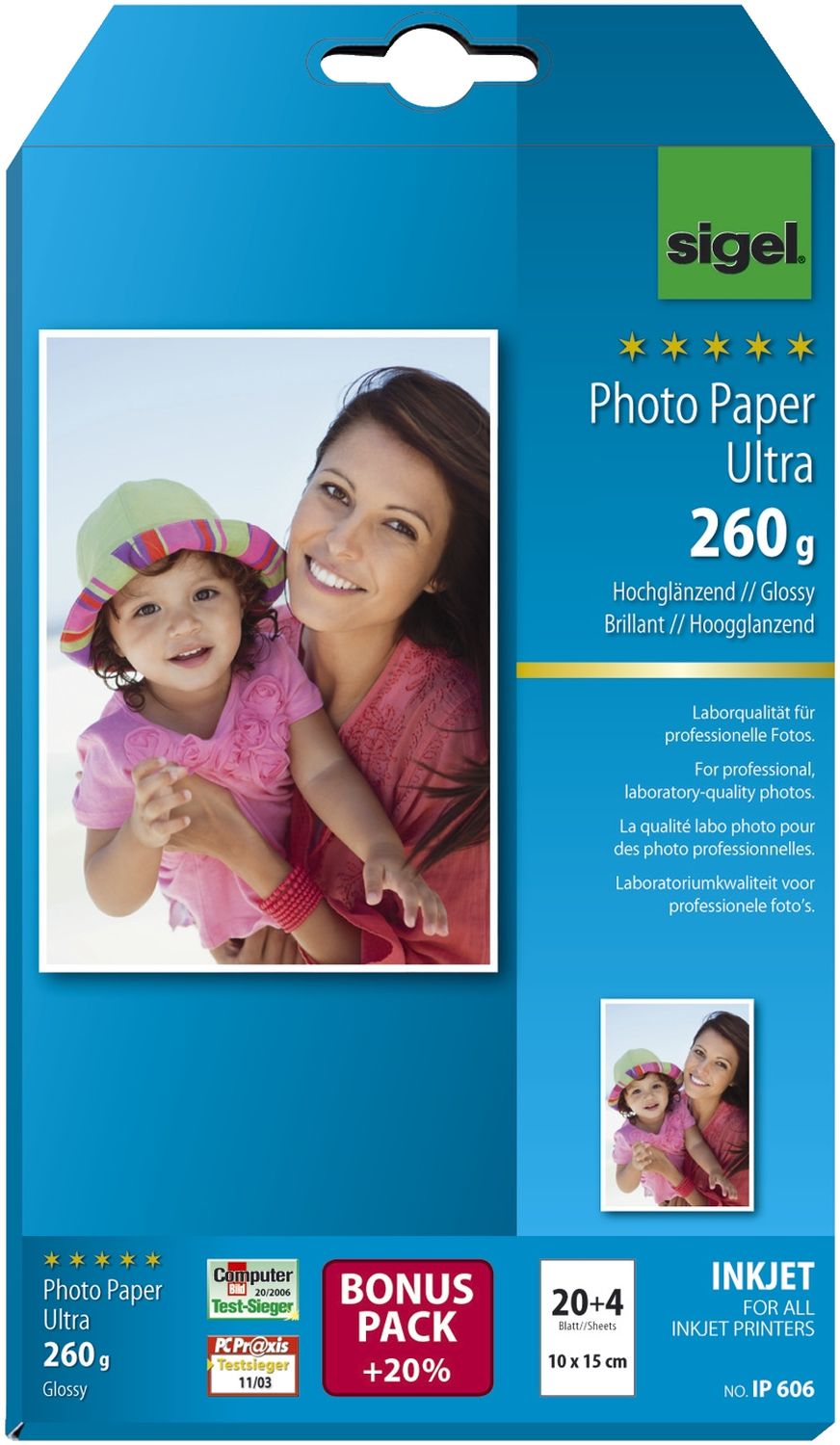 Fotopapier Photo Paper Ultra IP606, 10 x 15 cm, weiß, hochglänzend, 260 g/qm, 20 + 4 Blatt für Inkjetdrucker