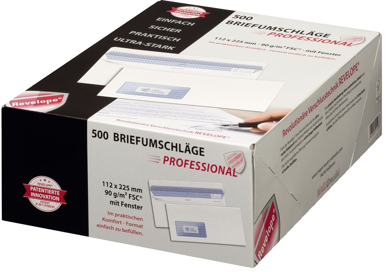 Briefumschlag Revelope® 30051798 - 112 x 225 mm, m. Fenster, weiß,  90 g/qm, Innendruck, Revelope-Klebung, 500 Stück