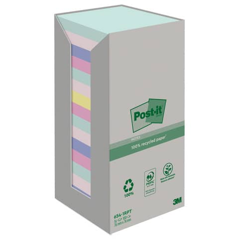 Haftnotiz Post-it Recycling Notes 654-1RPT, 76 x 76 mm, farbig sortiert, 16 x 100 Blatt