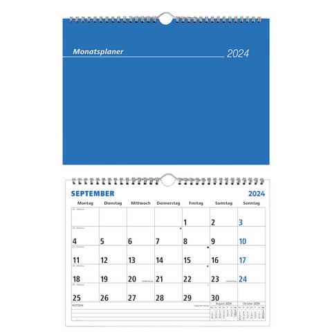 Monatsplaner Zettler 989 Wandkalender 602245, Jahr 2024, 1 Monat auf 1 Seite, DIN A4 (29 x 21 cm), blau
