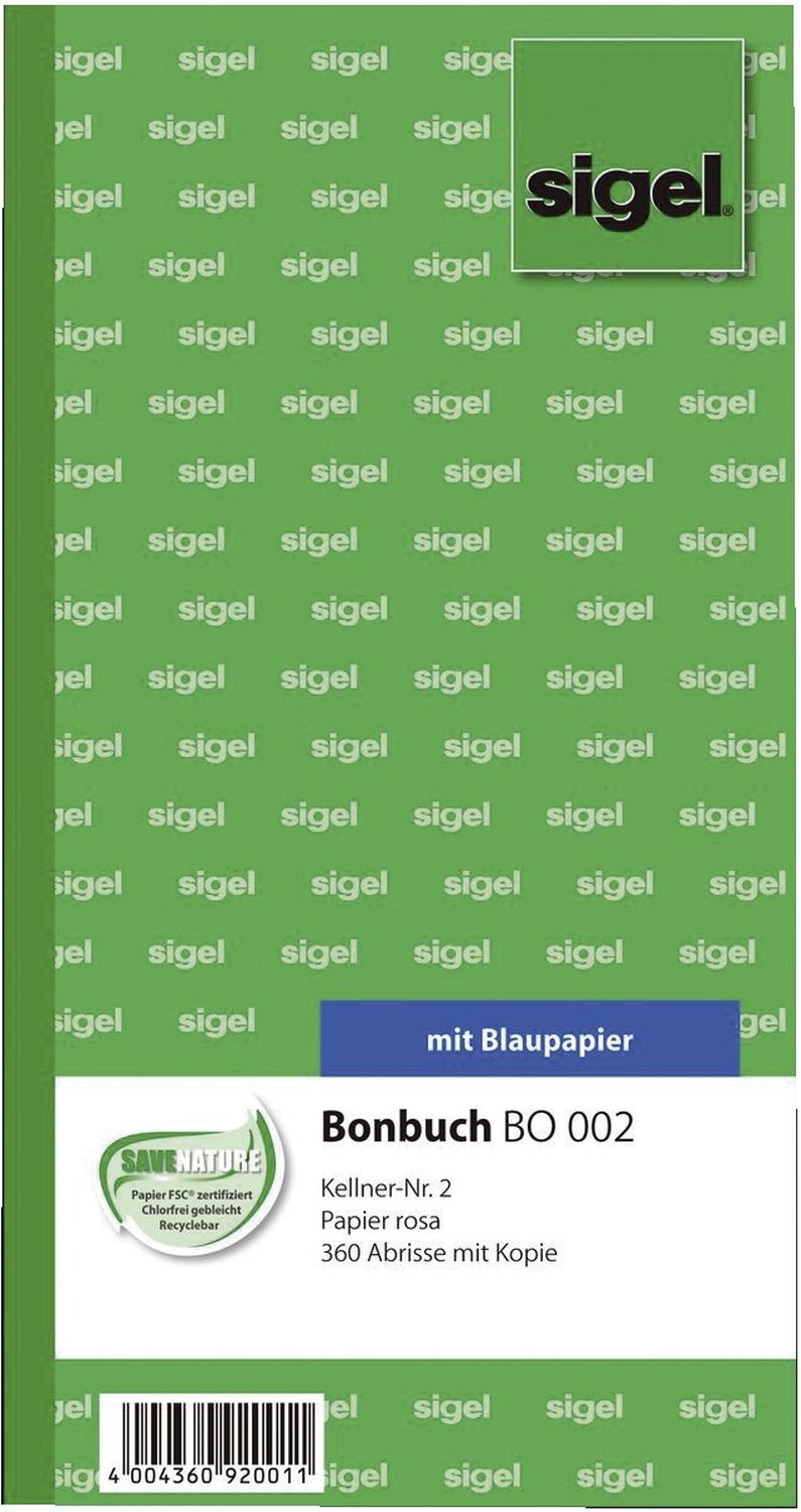 Bonbuch - Kellner-Nr. 2, 360 Abrisse,  BL, rosa, 105x200 mm, 2 x 60 Blatt