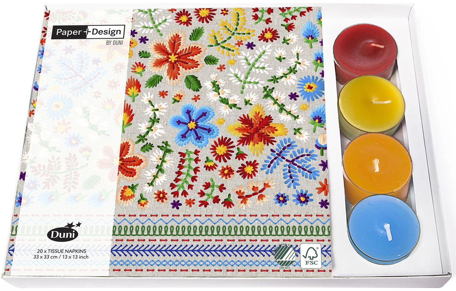 Kombibox Servietten mit Teelichtern Embroidery - 33 x 33 cm, 20 Stück, 4 Teelichter