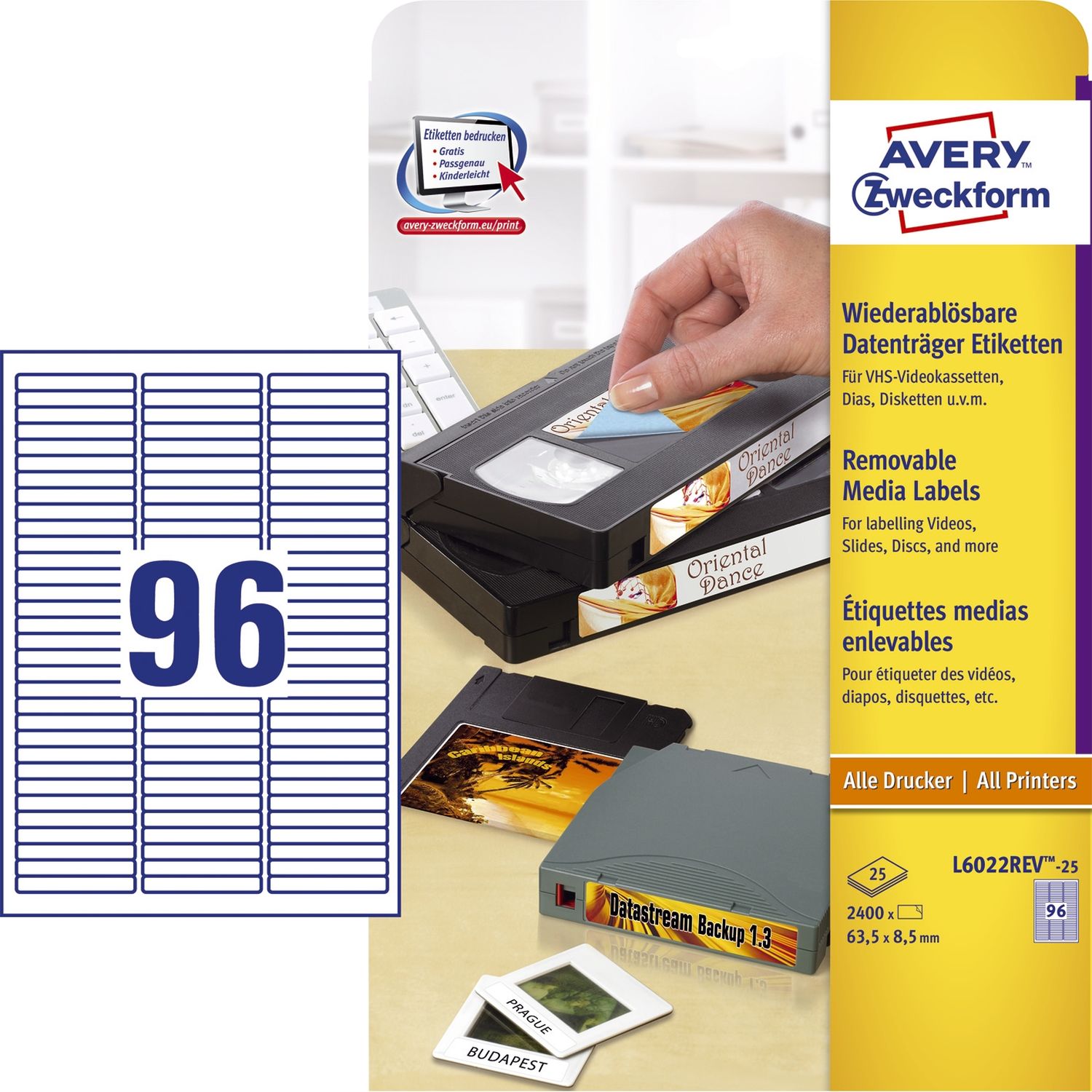 L6022REV-25 Etiketten für Data Cartridge, wiederablösbar, 63,5 x 8,5 mm, 25 Blatt/2.400 Etiketten, weiß