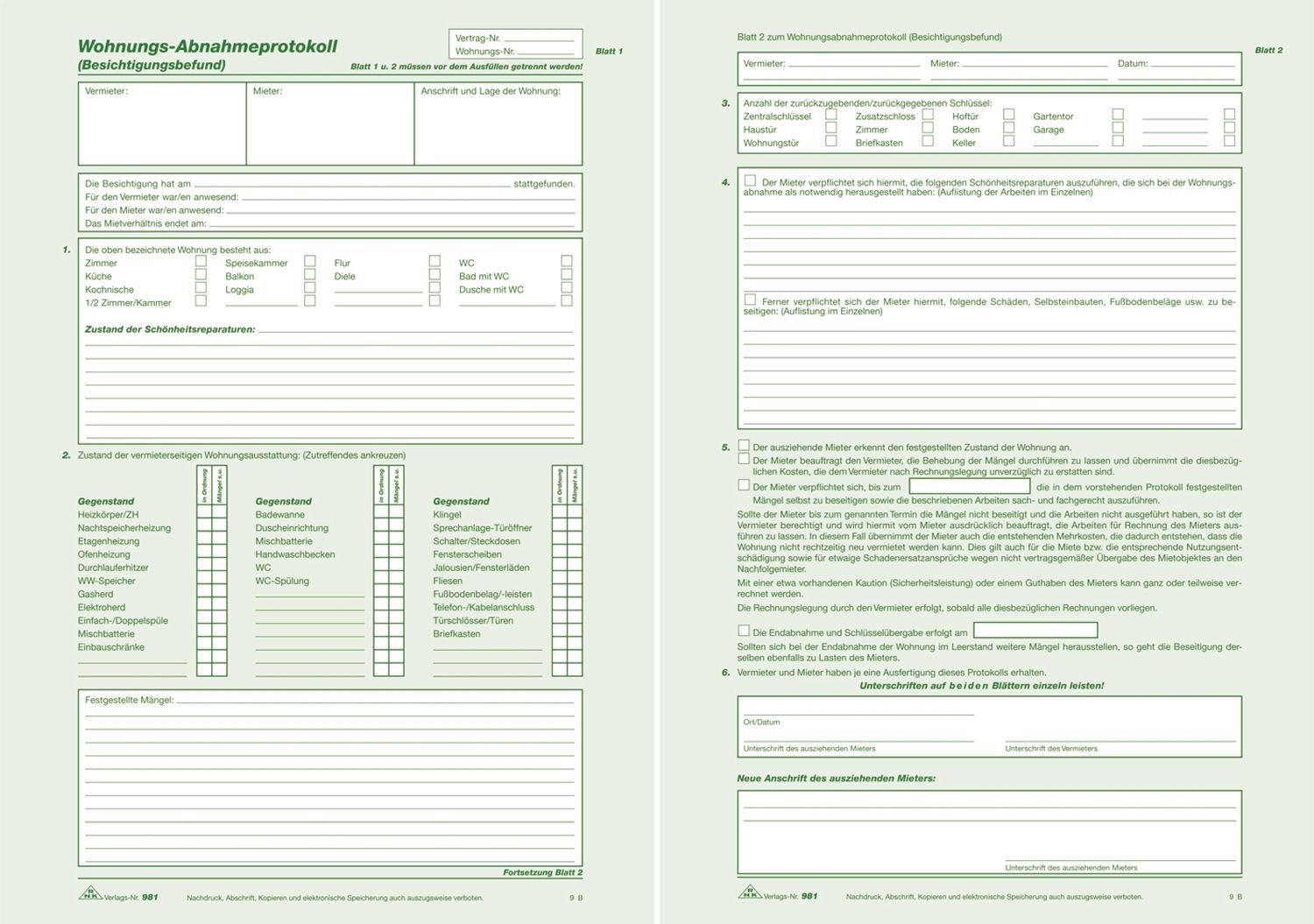 Wohnungs-Abnahmeprotokoll - SD, 2 x 2 Blatt, DIN A4