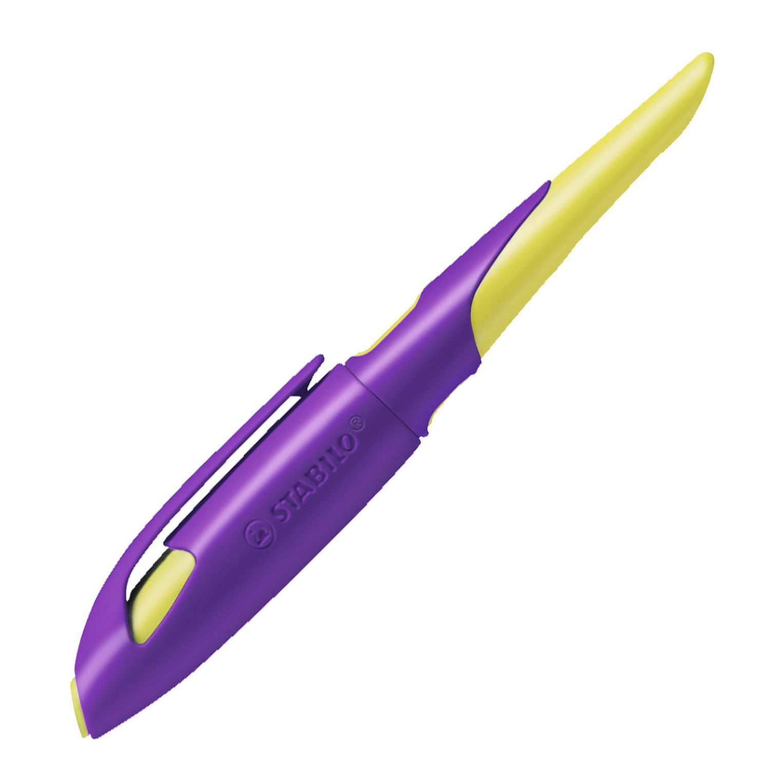 Ergonomischer Schulfüller für Rechtshänder mit Standard-Feder M - EASYbirdy in violett/gelb - Einzelstift - inklusive Patrone - Schreibfarbe blau (löschbar)