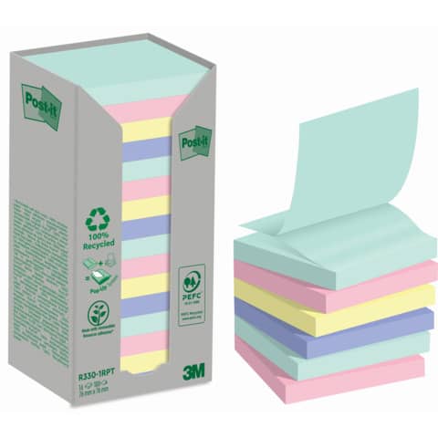 Haftnotiz Post-it Recycling Z-Notes R-330-1RPT-N, 76 x 76 mm, farbig sortiert, 16 x 100 Blatt
