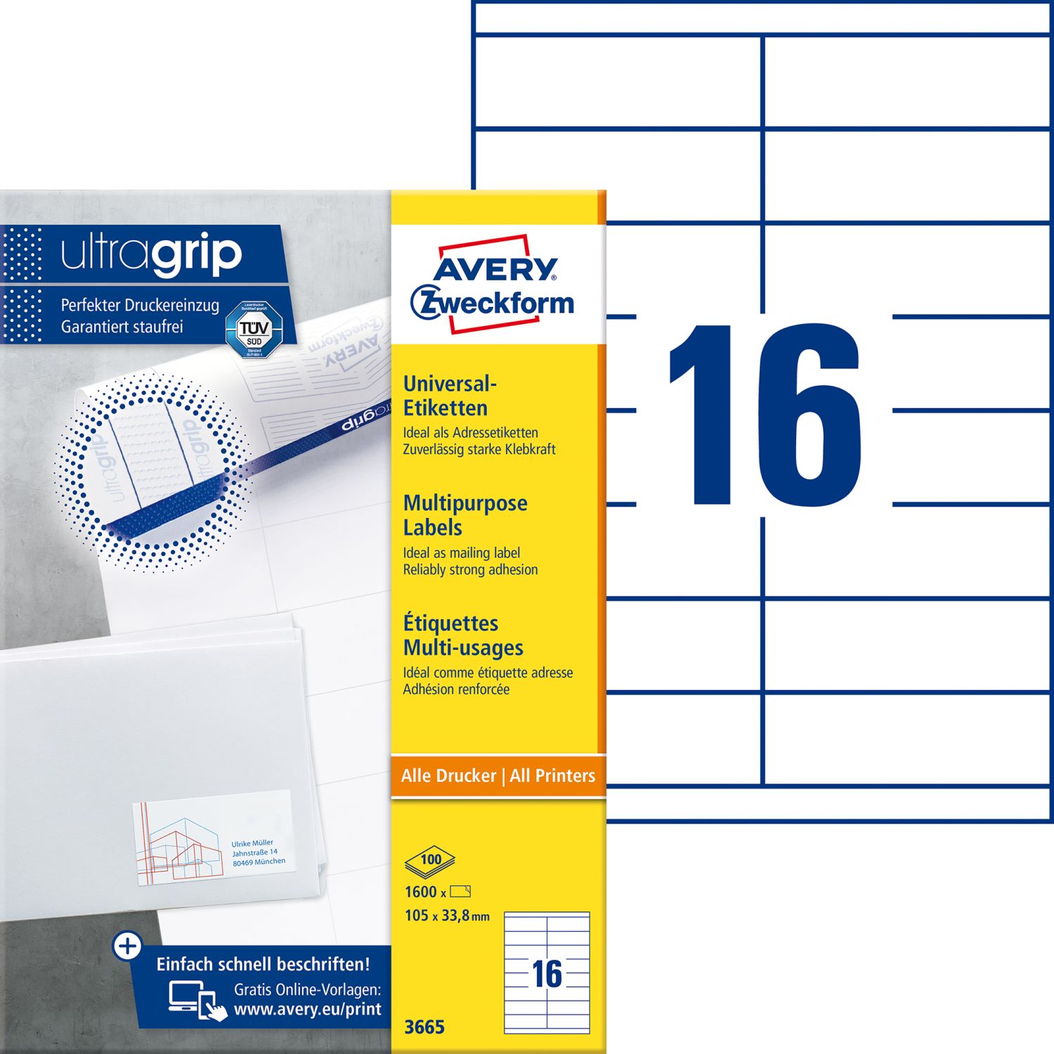 3665 Universal-Etiketten ultragrip - 105 x 33,8 mm, weiß, 1.600 Etiketten, permanent