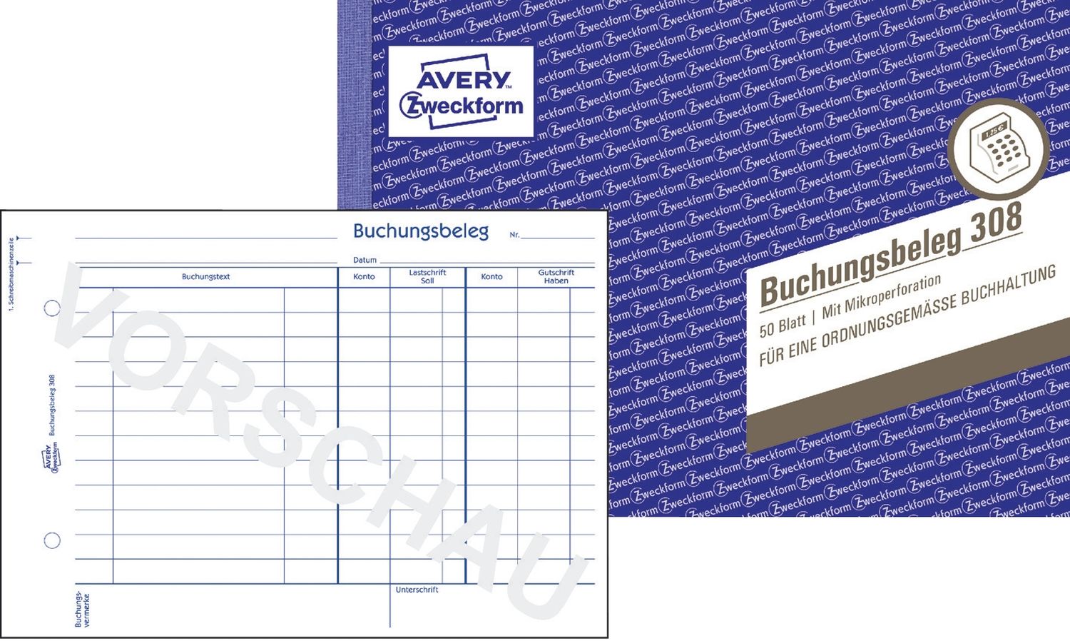 308 Buchungsbeleg, DIN A5 quer, mikroperforiert, 50 Blatt, weiß