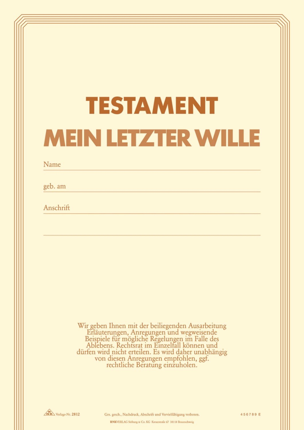 Testament Brief mit Anweisungen und Vollmacht für den Todesfall, DIN A4