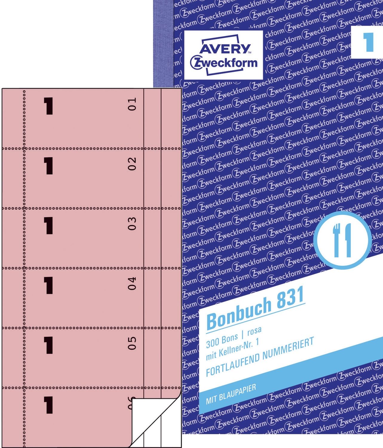 831 Bonbuch, Kompaktblock, mit Kellner-Nr., 2 x 50 Blatt, rosa