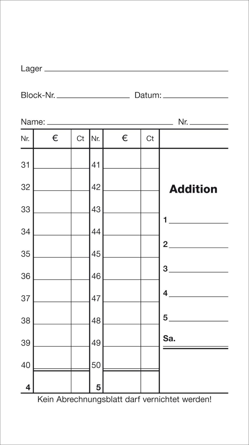 Kassenabrechnung - Block, 50 Blatt, Maße (BxH): 85 x 150 mm