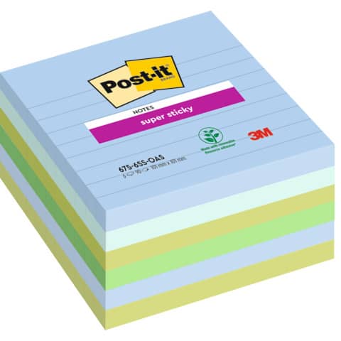 Haftnotiz Post-it Super Sticky Notes 675-6SS-OAS, 101 x 101 mm, liniert, sortiert, 6 x 90 Blatt