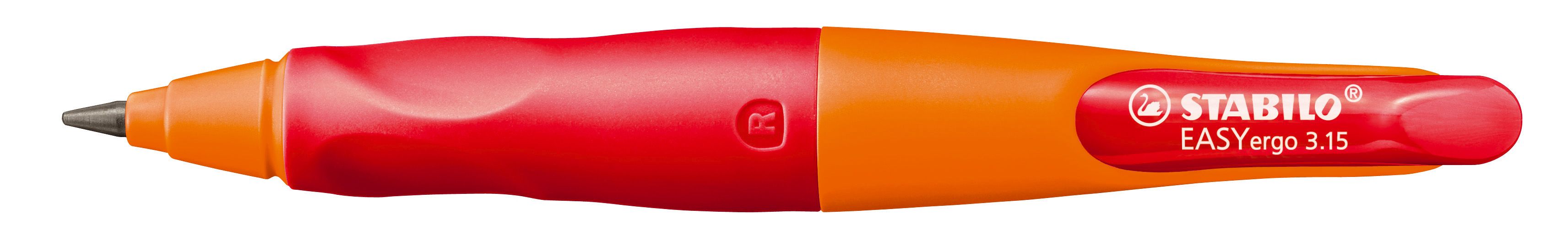 Ergonomischer Druck-Bleistift für Rechtshänder - EASYergo 3.15 in orange/rot - Einzelstift - inklusive 1 dicken Mine - Härtegrad HB & Spitzer