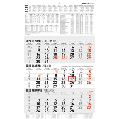 3-Monatskalender AlphaEdition 602608 Wandkalender, Jahr 2025 mit Datumsschieber 30 x 49 cm