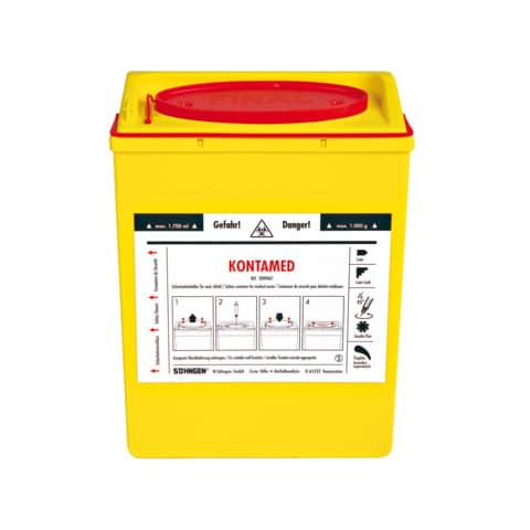 SÖHNGEN KONTAMED-Sicherheitsbehälter - ca. 1,7 L, signalgelb, rote Wandhalterung