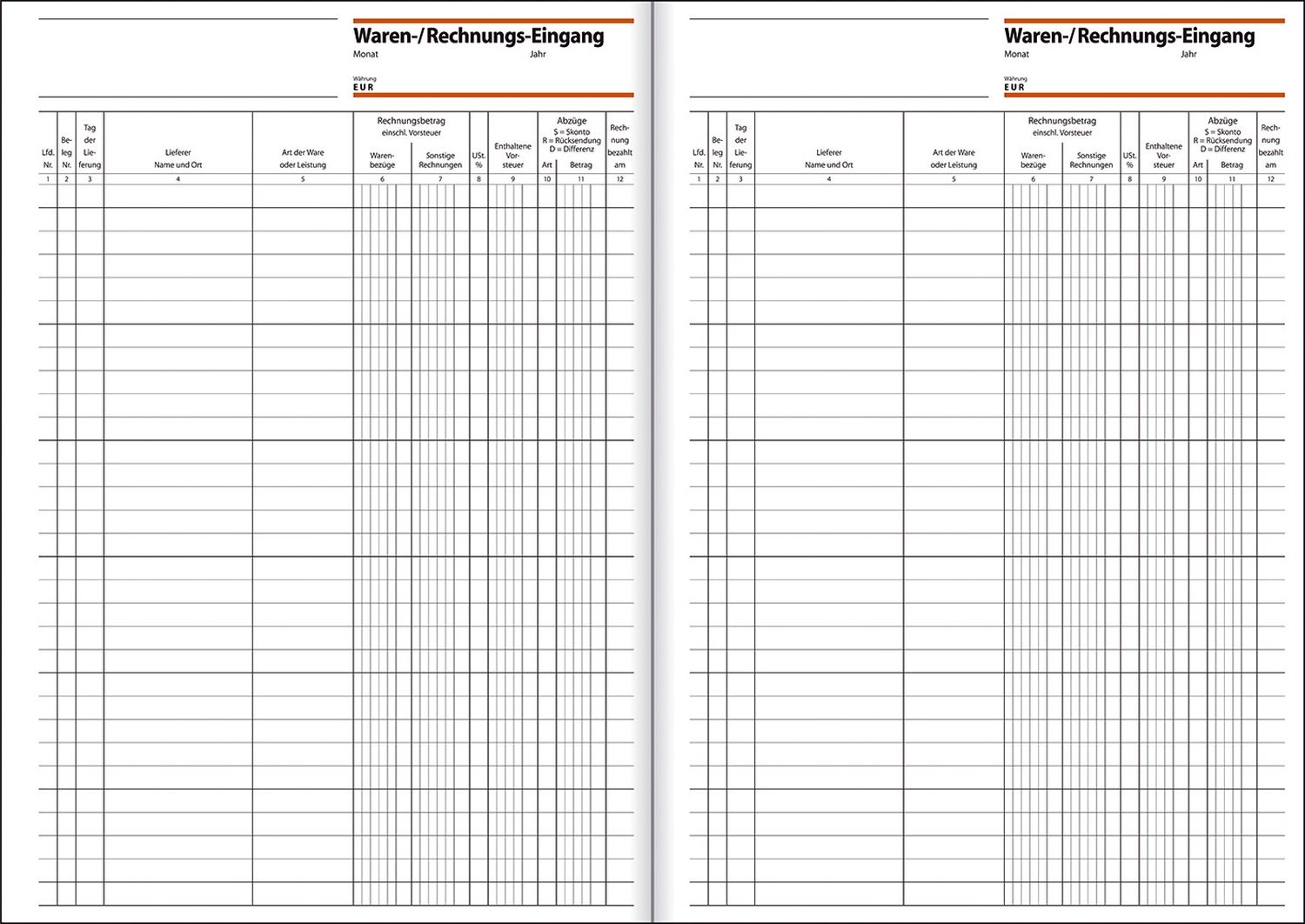 Waren-/Rechnungs-Eingangsbuch - A4, 50 Blatt