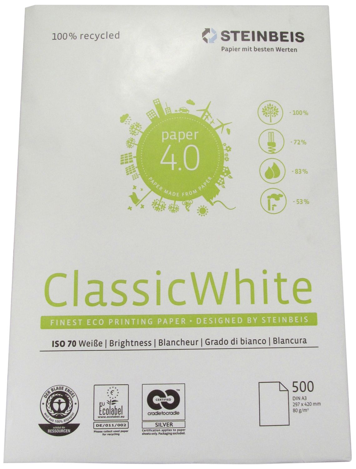 Kopierpapier No.1 Classic White 8024B80B Recyclingpapier K1206666080B, DIN A3, 80g, 55 CIE presseweiß, 500 Blatt