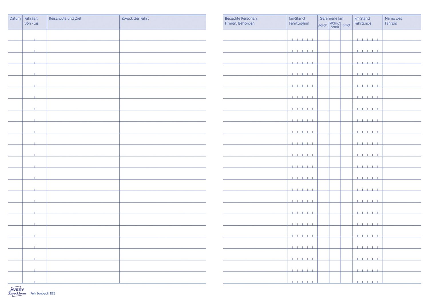 223 Fahrtenbuch - A5, steuerlicher km-Nachweis, 40 Blatt, weiß