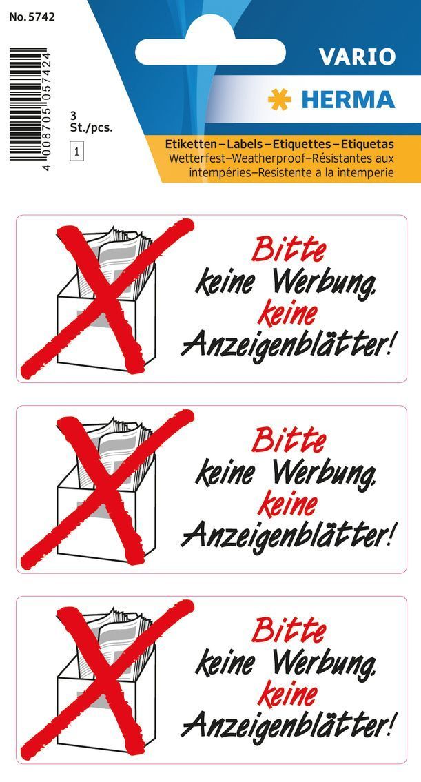 5742 Hinweisetiketten Keine Werbung/Anzeigenblatt - wetterfest