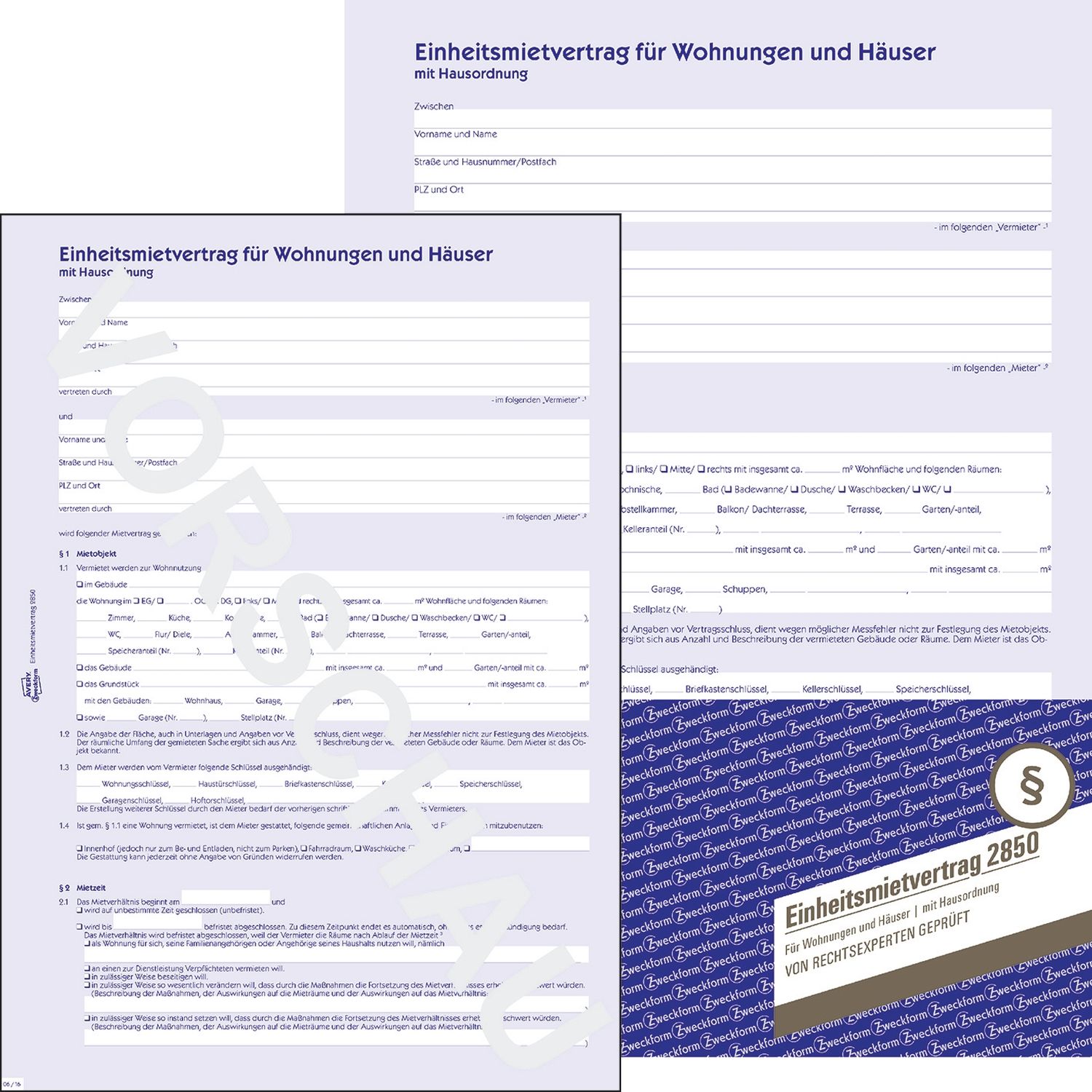 2850 Einheitsmietvertrag - Wohnungen und Häuser, DIN A4, mit Hausordnung, 1 Satz/5 Stück, blau