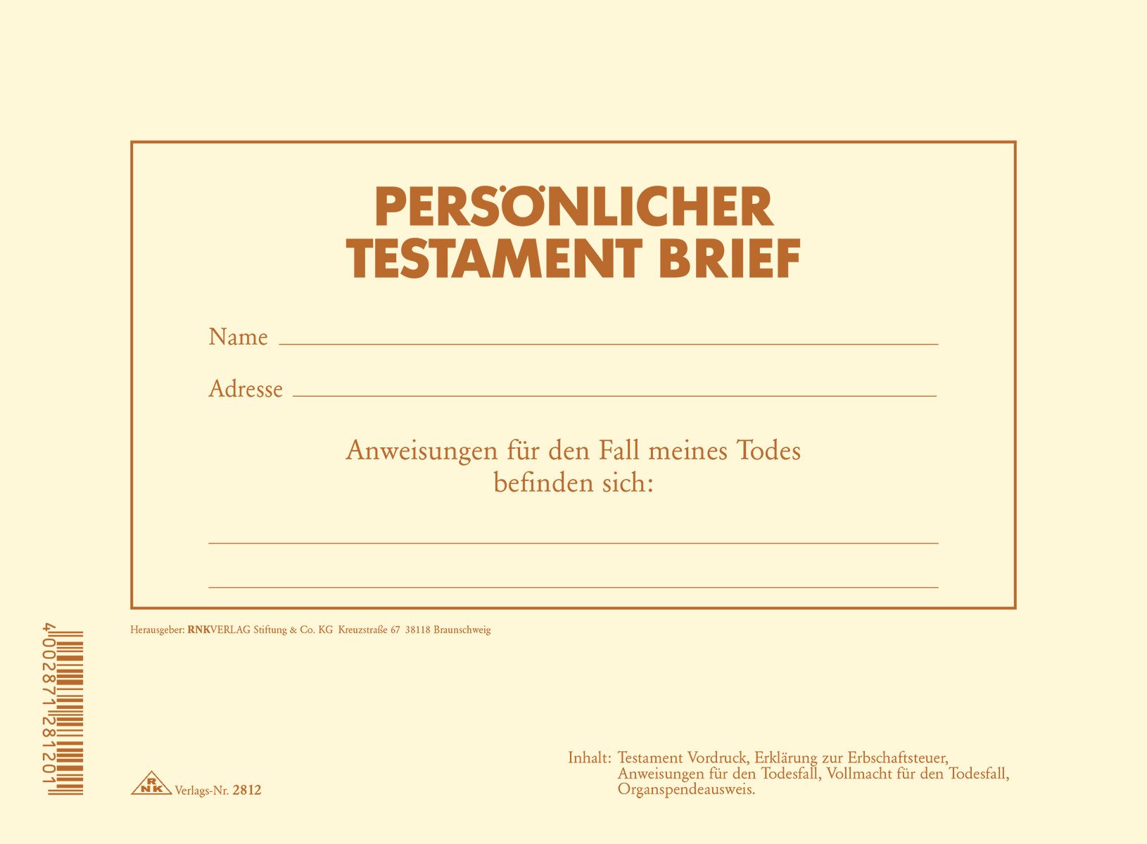 Testament Brief mit Anweisungen und Vollmacht für den Todesfall, DIN A4