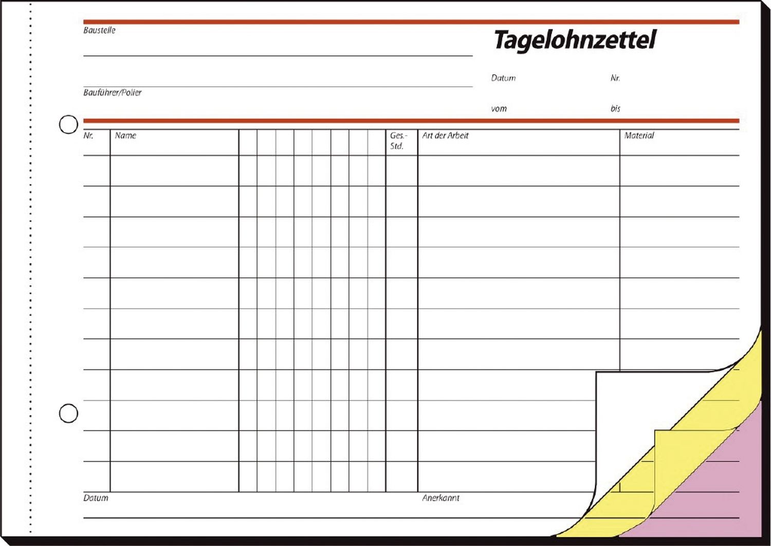 Tagelohnbuch - A5 quer, 1., 2. und 3. Blatt bedruckt, SD, MP, 3 x 40 Blatt