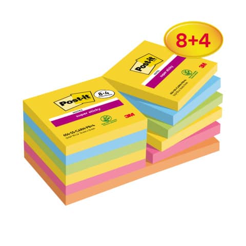 Post-it Haftnotiz Post-it Super Sticky Notes 654-SS-CARN-P8+4, 76 x 76 mm, sortiert, 12 x 90 Blatt