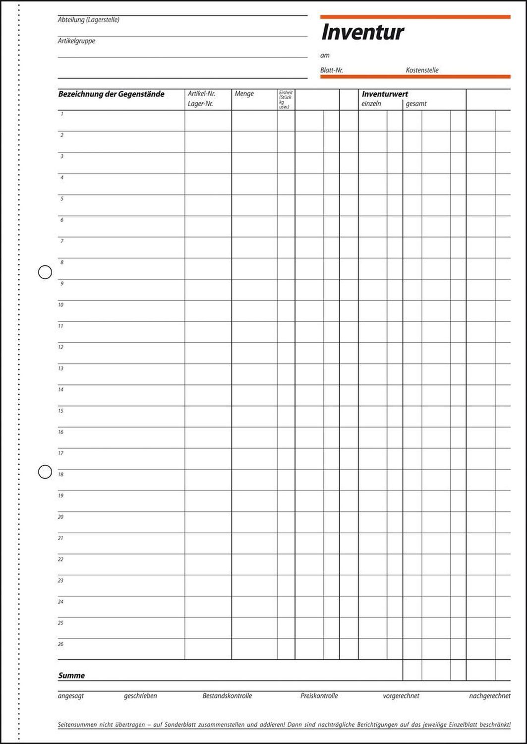 Inventurbuch - A4, 50 Blatt, MP, 50 Blatt