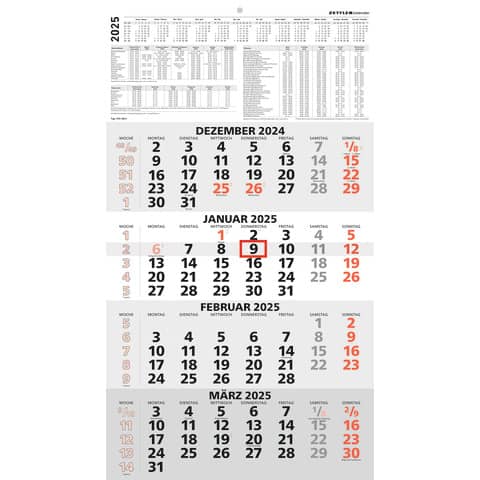 4-Monatskalender 959 Zettler 602615 Wandkalender, Jahr 2025 mit Datumsschieber 33 x 59 cm