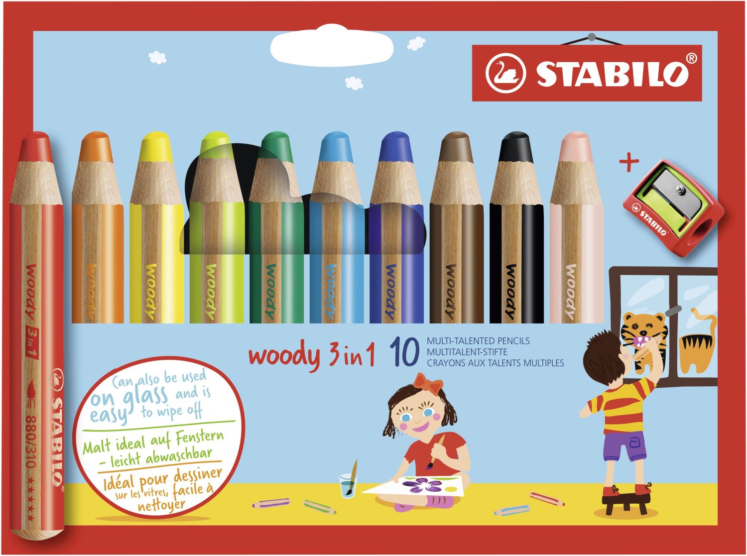 Buntstift, Wasserfarbe & Wachsmalkreide - woody 3 in 1 - 10er Pack mit Spitzer - mit 10 verschiedenen Farben