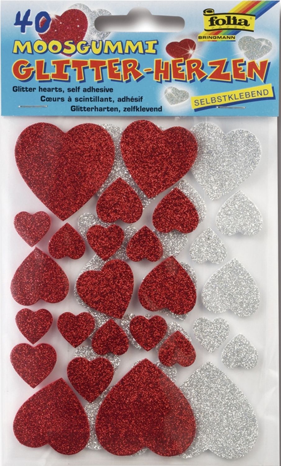 Moosgummi Glitter Sticker - 40 Herzen sortiert, selbstklebend