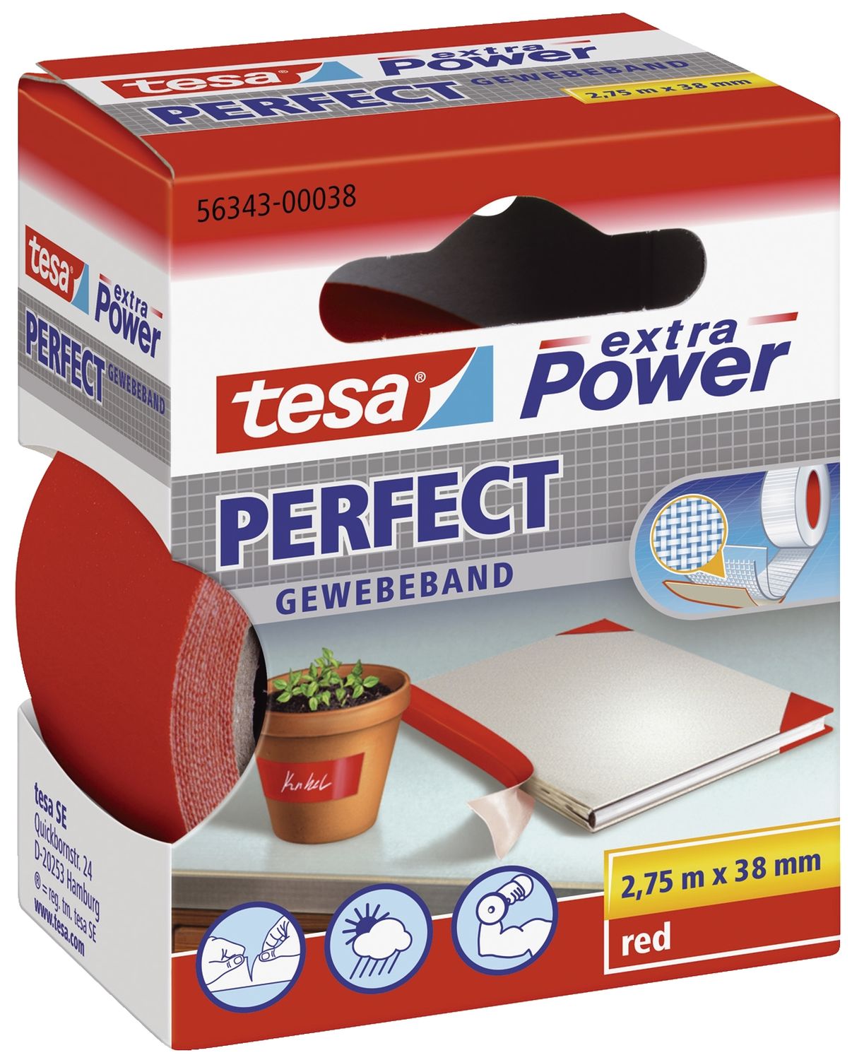 Gewebeklebeband extra Power Perfect - 2,75 m x 38 mm, rot