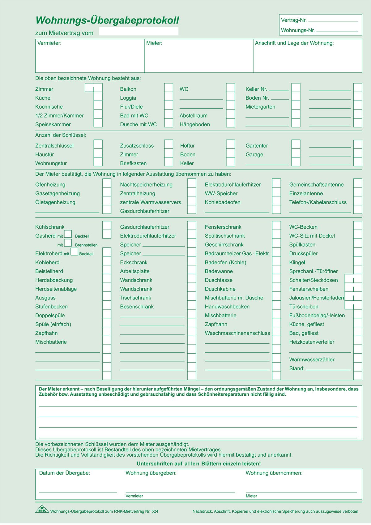 Universal-Mietverträge für Wohnungen - SD, Übergabeprotokoll, 4x2 Blatt, A4